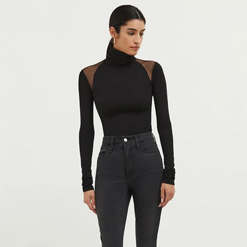 

High necked long sleeved jumpsuit with mesh splicing, slim fitting temperament, elegant style, and bottom coat for women