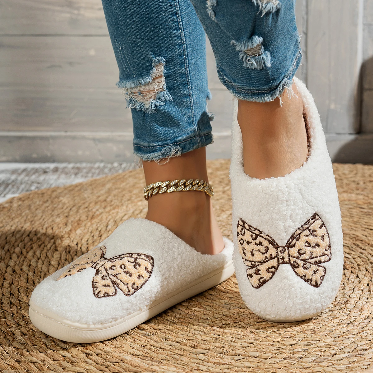 لطيف القوس المرأة نعال تدفئة مريح موضة الشتاء داخل...