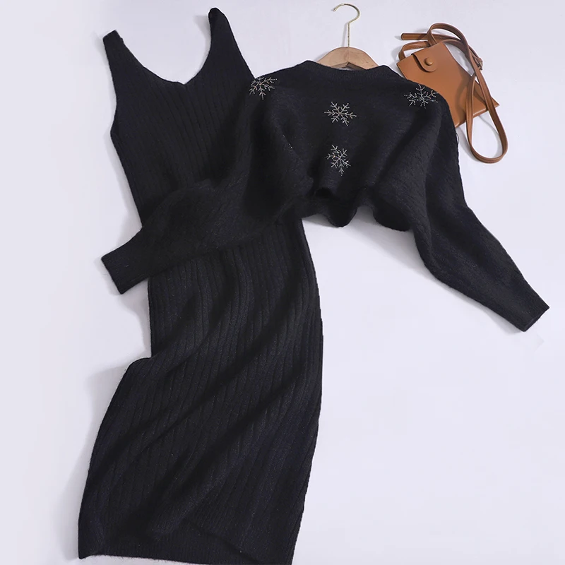 

Korean Elegant Sexy Hip Sweater Dress Women O Neck Pullover Snowflake Sequins Twist Twist Shawl Tops + Dress Women Two-piece Set
