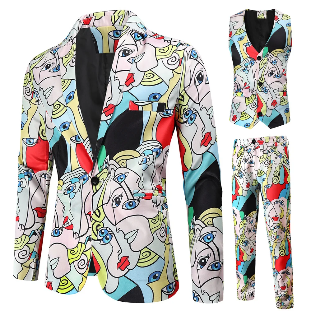 Valentine's Gift Men's Fashion Suit Three-Piece Sets Party Coat 3D Heart Printed Coat Vest Pants Suit Slim Fit Blazer Jacket Men