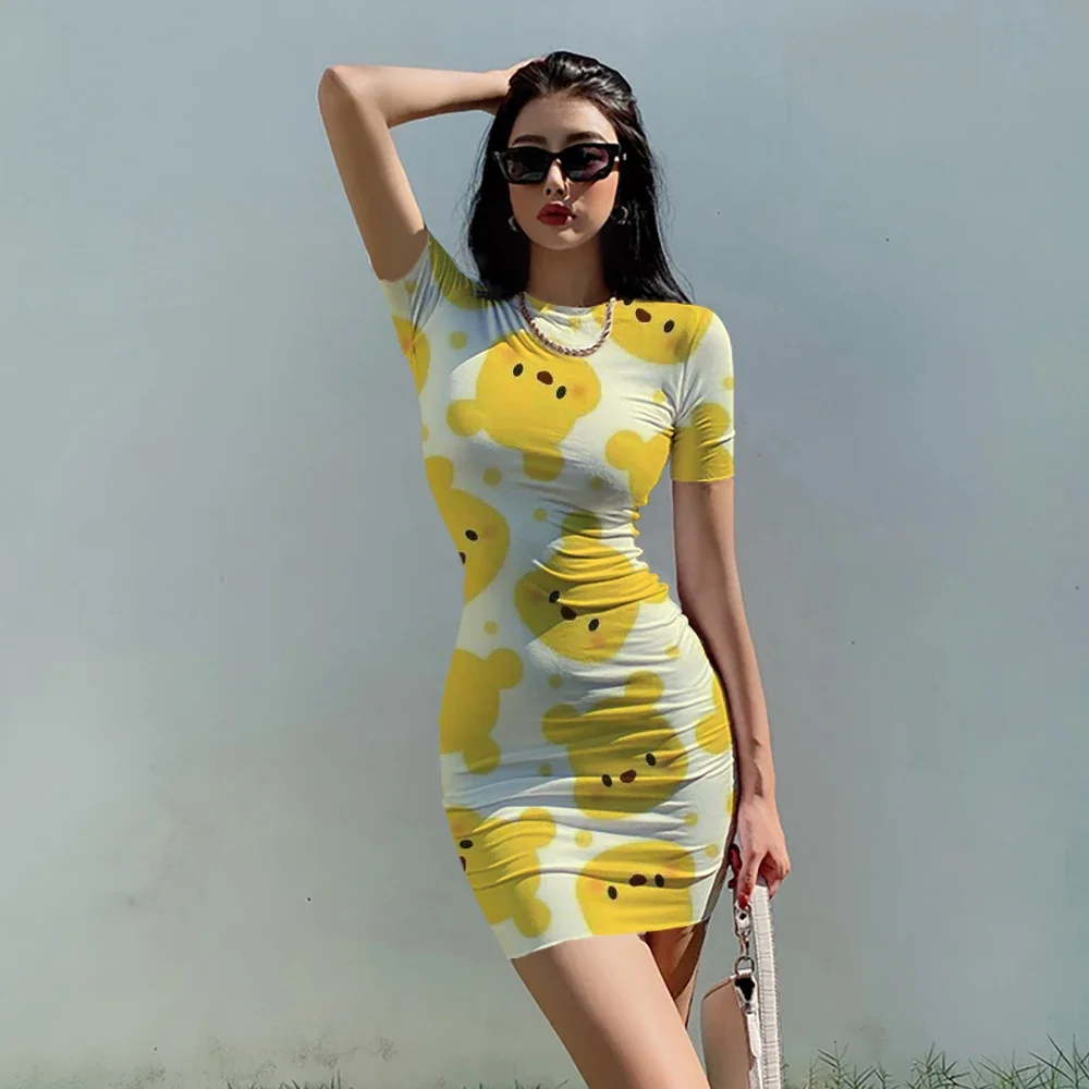 Disney Winnie the Pooh Women Summer Sexy Dress Cartoon 3d Print  Club Party Fashion Dresses Bodycon Short Sleeve Dress Slim 2