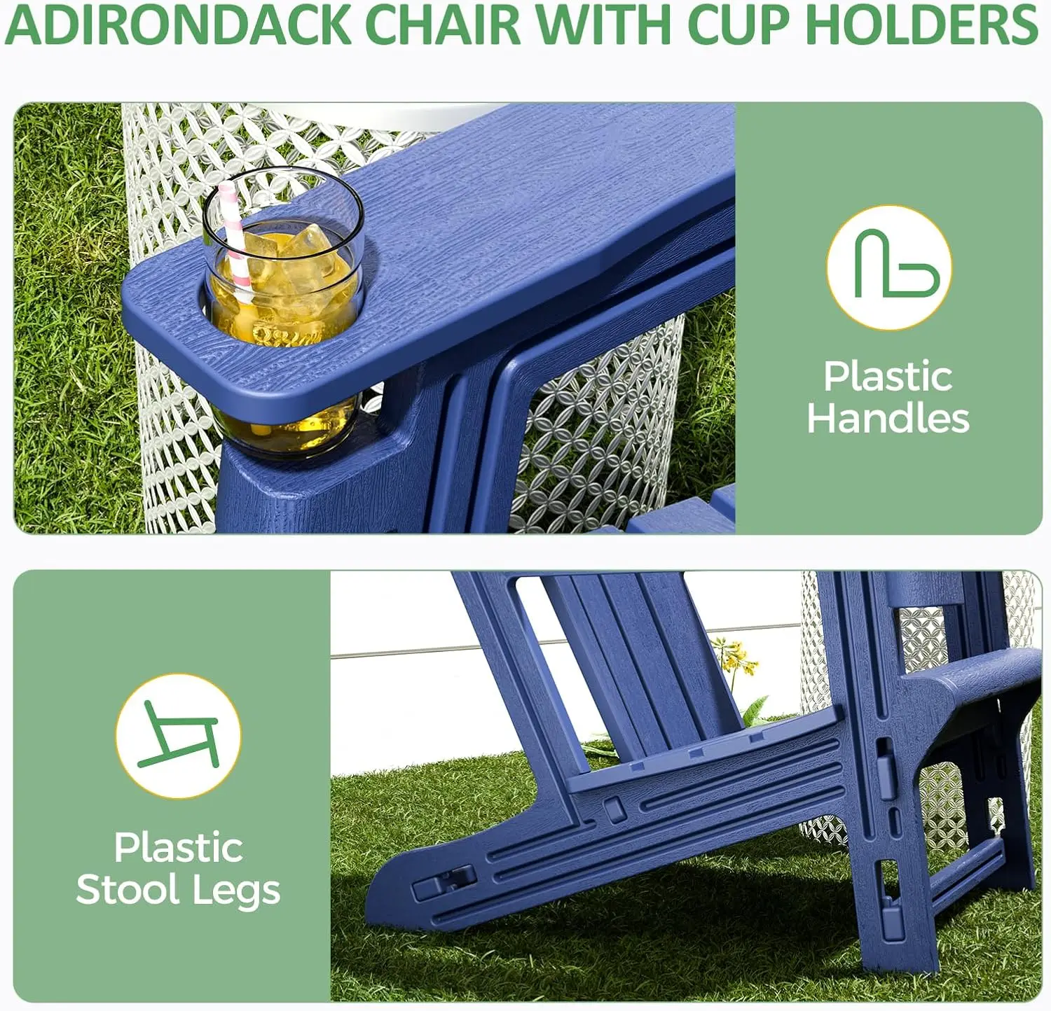 Adirondack Chair. Plastic. No Screws. Cup Holder. 400 LBS. Recliner. Garden Chair. Backyard, Lawn, Beach. Navy Blue.
