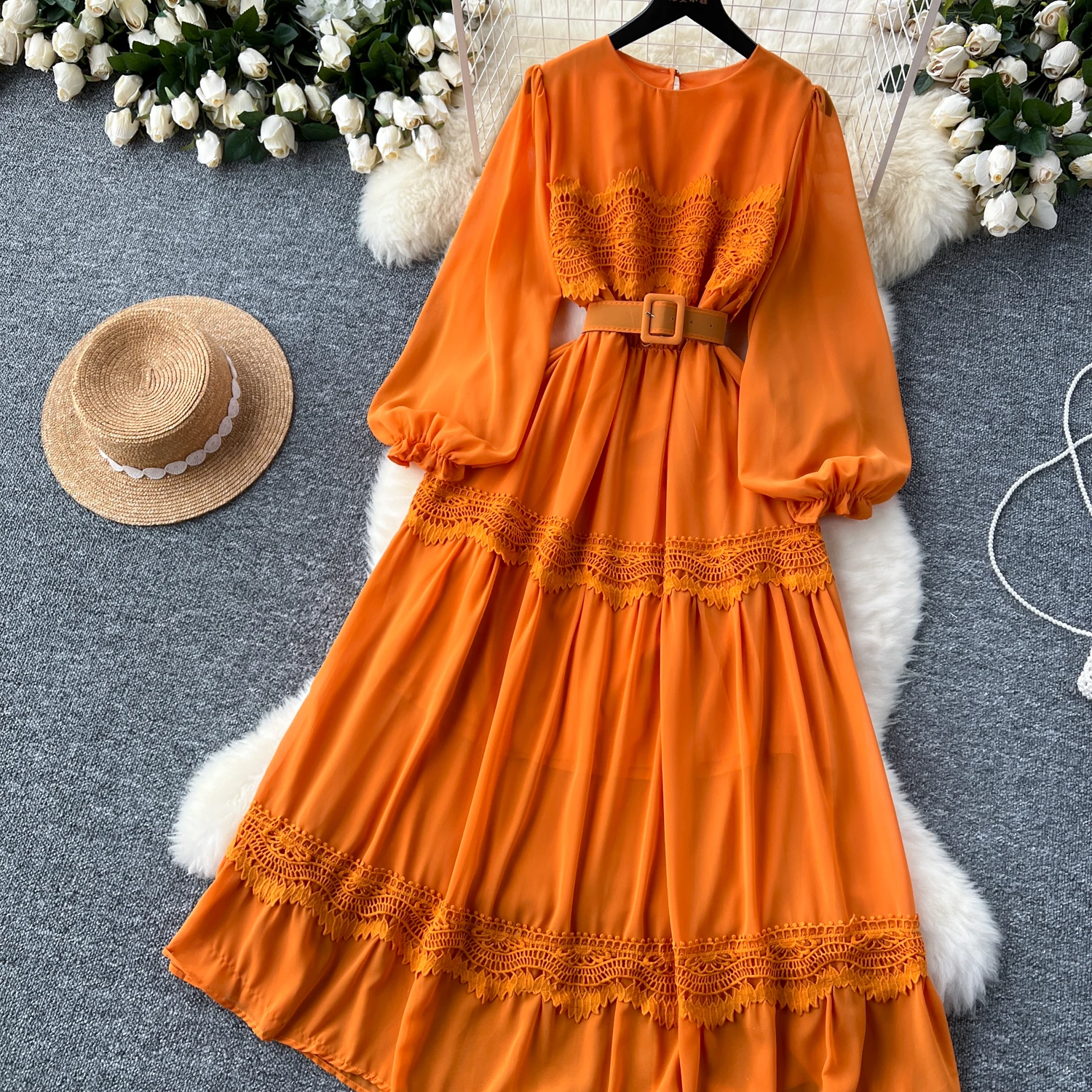 French Vintage O Neck Hollow Out Lace Patchwork Long Lantern Sleeves Korean Fashion Dresses Women's Autumn Waist Sweet Clothing