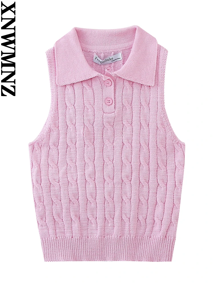 

XNWMNZ Женская мода 2023 осень воротник поло вязаный Топ женский винтажный без рукавов повседневный Универсальный женский шикарный топ