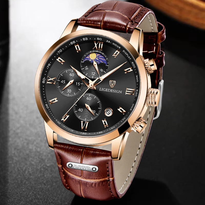 LIGE Mens Watches Top Brand Luxury Fashion Leather Waterproof Watch For Men Military Sport Quartz Chronograph Relogio Masculino