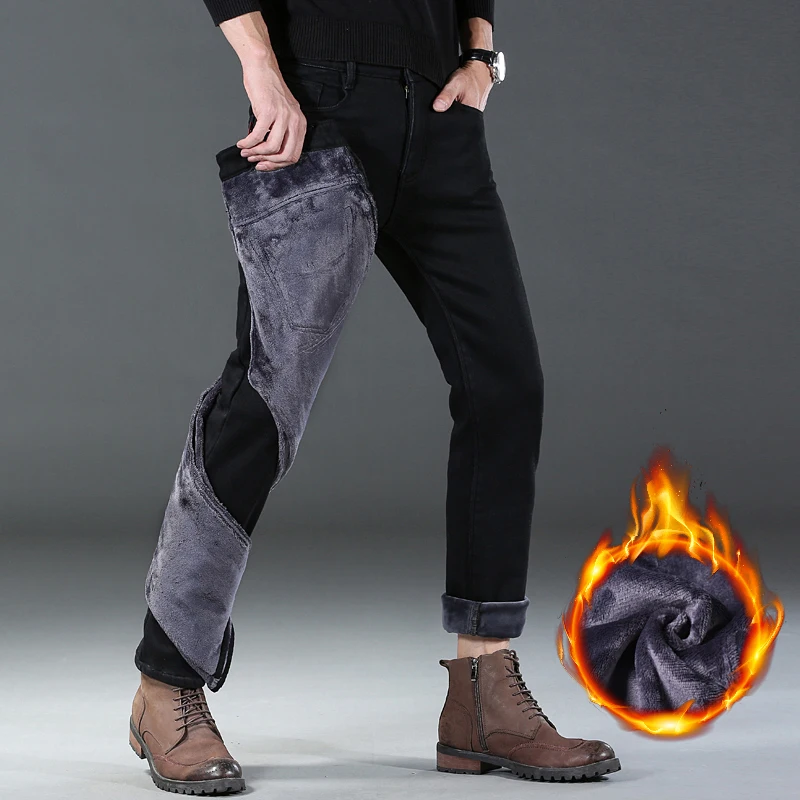 2025 Winter New Style Men's Black Straight Thick Jeans Fashionable Business Velvet Warm Denim Pants Fleece Hot Casual Pants 4