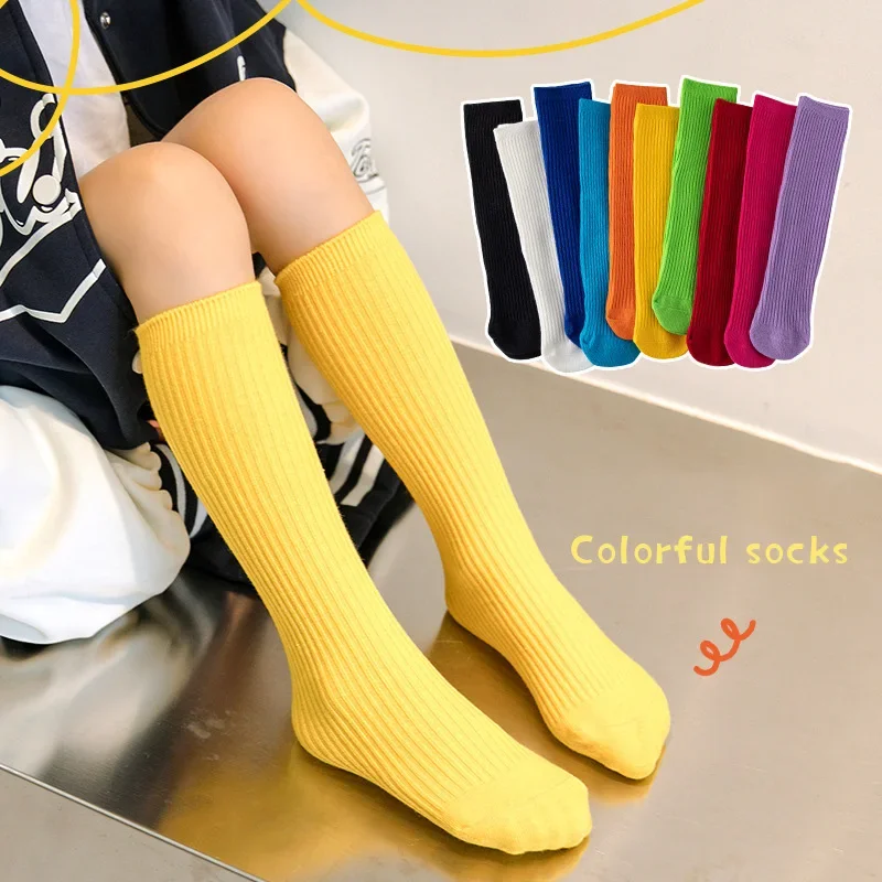2023 Korean Hot Ribbed Striped Football Moving Stockings Autumn Winter Solid Bright Color Children Knee High Long Socks for Baby 1