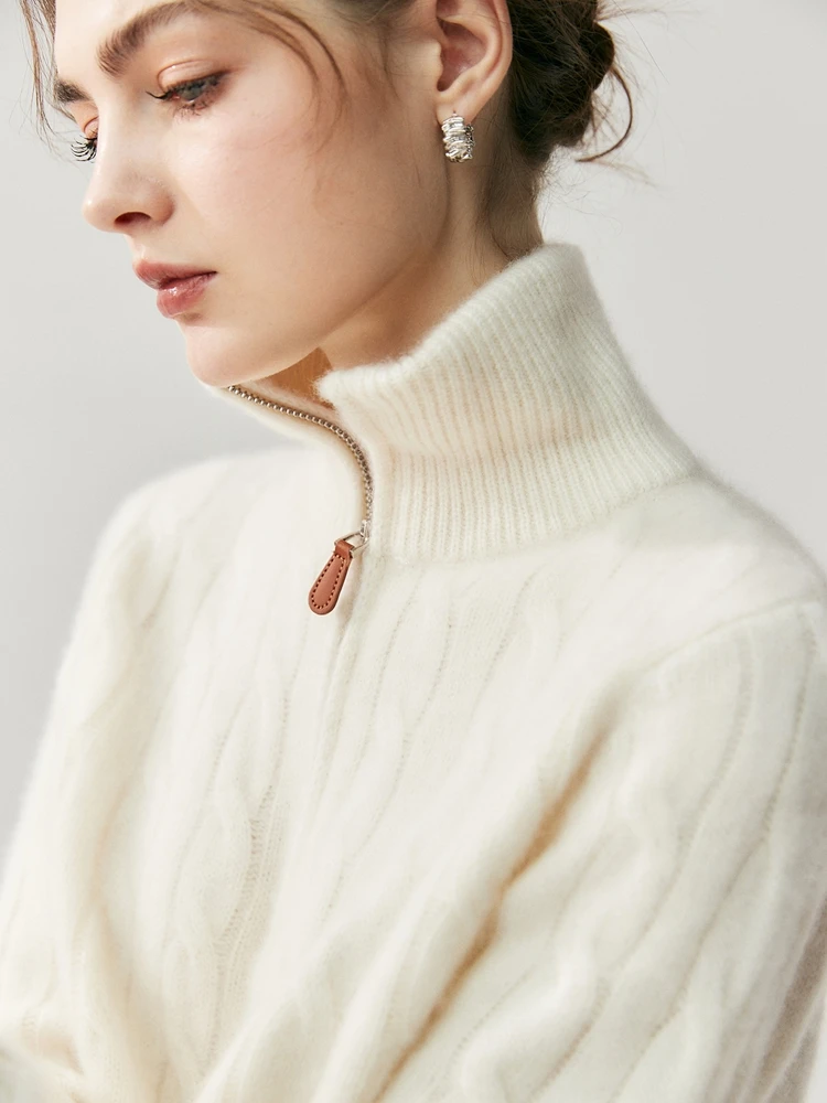 CHICUU Women's 100% Cashmere Sweater Zipper Cable-Knit Sweater Turtleneck Thickness Pullover Preppy Style Luxury Autumn Winter