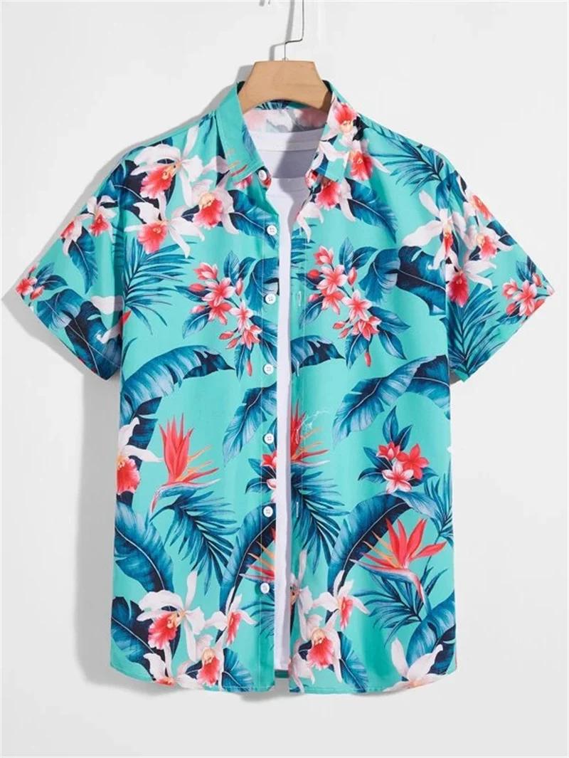 Hawaiian Leaves 3D Shirt Men's Summer Fflower Pattern Clothing Breathable Loose 3XL Beach Top Outdoor Casual Short Sleeve 5