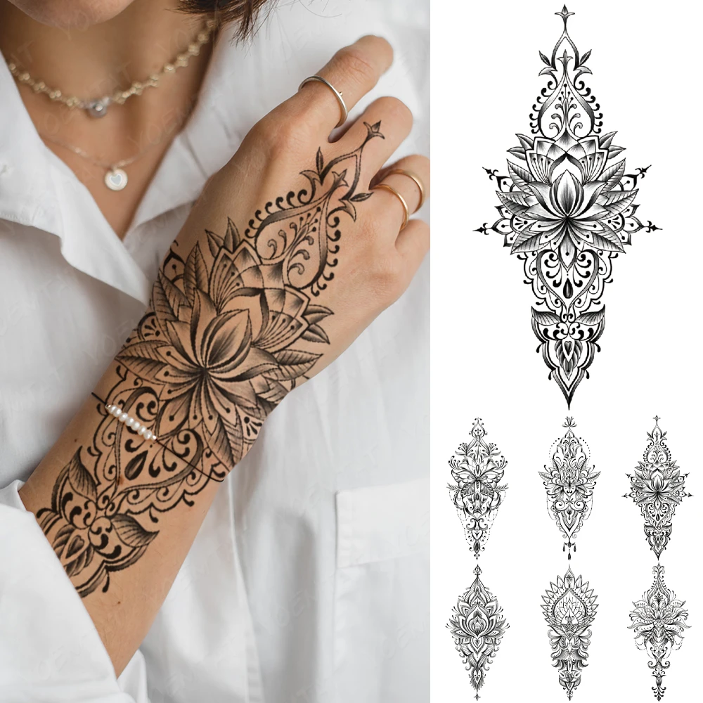Henna Hand Drawn Totem Transfer Waterproof Temporary Tattoo Sticker Women  Men Mandala Mehndi Lotus Lace Line Body Art Fake Tatto - Temporary Tattoos  - AliExpress