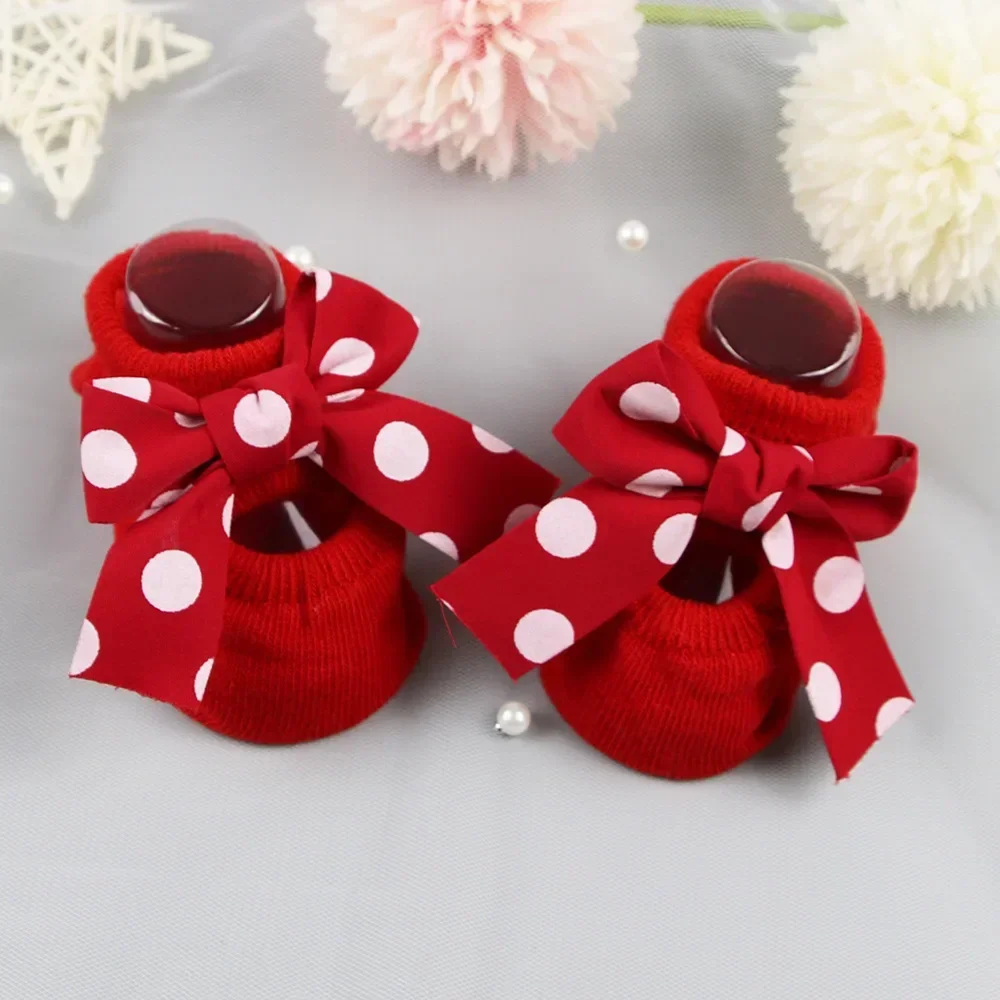 Spring Autumn Red Newborn Indoor Cotton Socks Bow Infant Anti Slip Socks Baby Girl Socks Rubber Soles Baby Girl Floor Sock