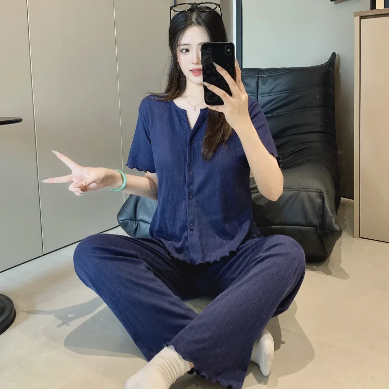 여성용 면직물 꽃무늬 카디건 프린트 파자마 반팔 상의와 긴 바지 잠옷 홈웨어 세트 여성용 나이트웨어