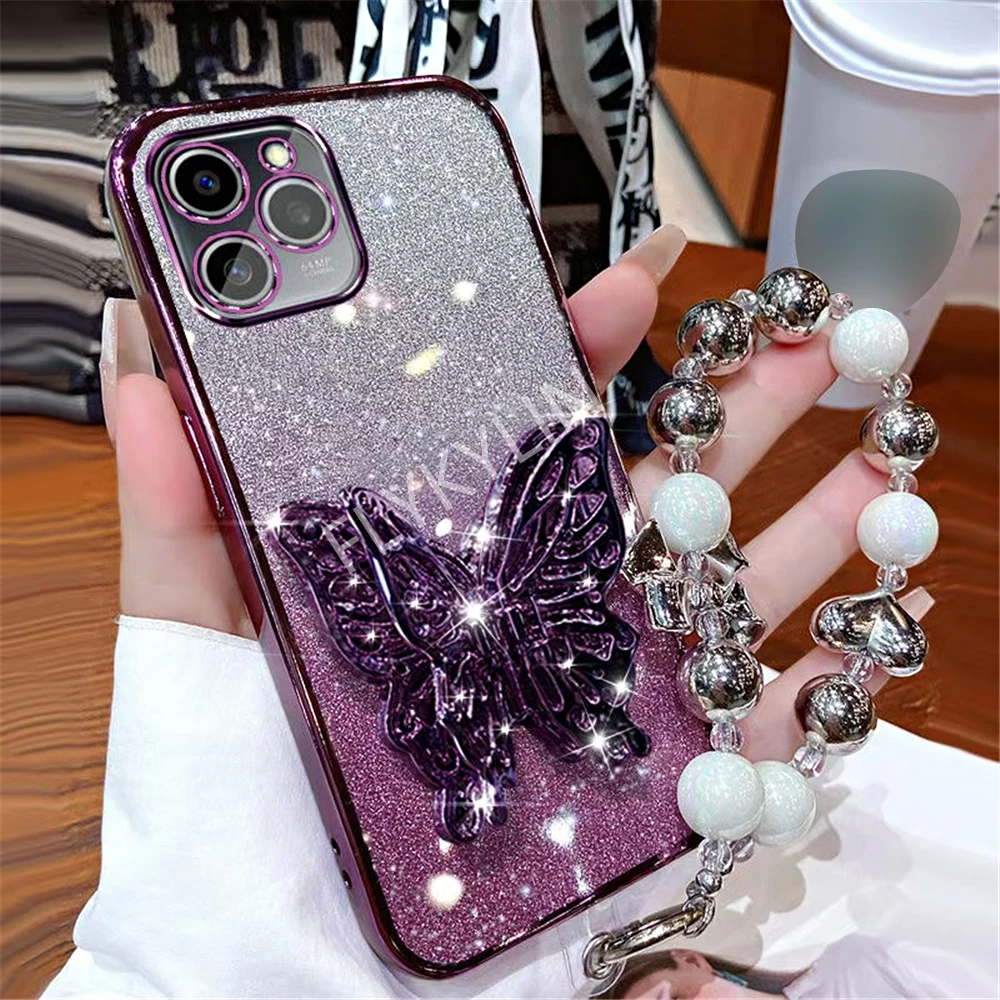 3D Butterfly Stand Holder Glitter Case with Lanyard