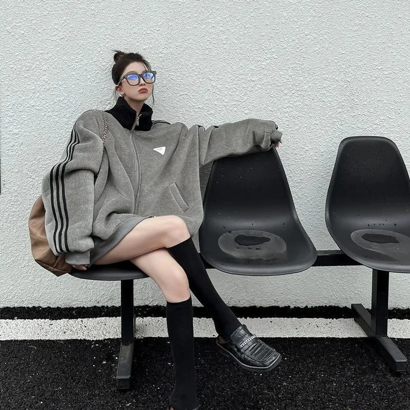 Anti Lamb Wool Coat Women Fat MM2023 Winter New Korean Version Loose Simple Versatile Plus Fleece Thickened Baseball Jersey Top