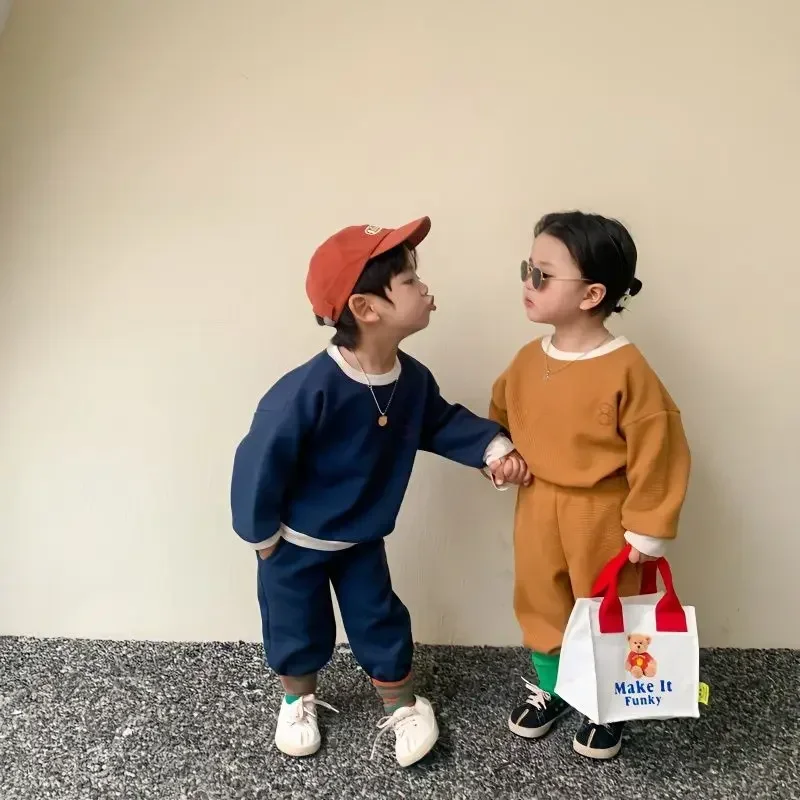 Autumn Baby Clothes Set Kids Clothes Girls Boys 2 Pcs Suit Waffle Kids Sports Sweatshirt Solid Color Casual Two Piece Set kids clothing set kids sports suit boys clothing set children sports suit kids sweatshirt set
