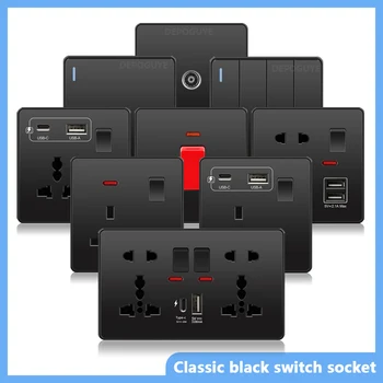 Universal Black USB Type-C 18W Smart Fast Charging Socket Double 5-pin Power Plug,UK Electrical Internationa Wall Light Switch