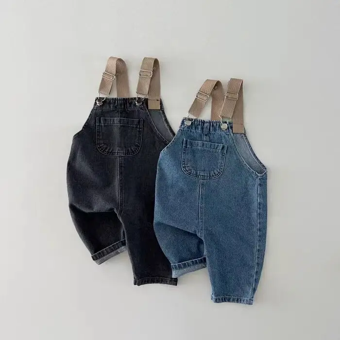 Description Picture 4 of item2024 Spring Boy Baby Pocket Overalls Loose Infant Suspenders Jumpsuit Retro Toddler Jeans Kids Casual Pants Girl Cotton Trousers