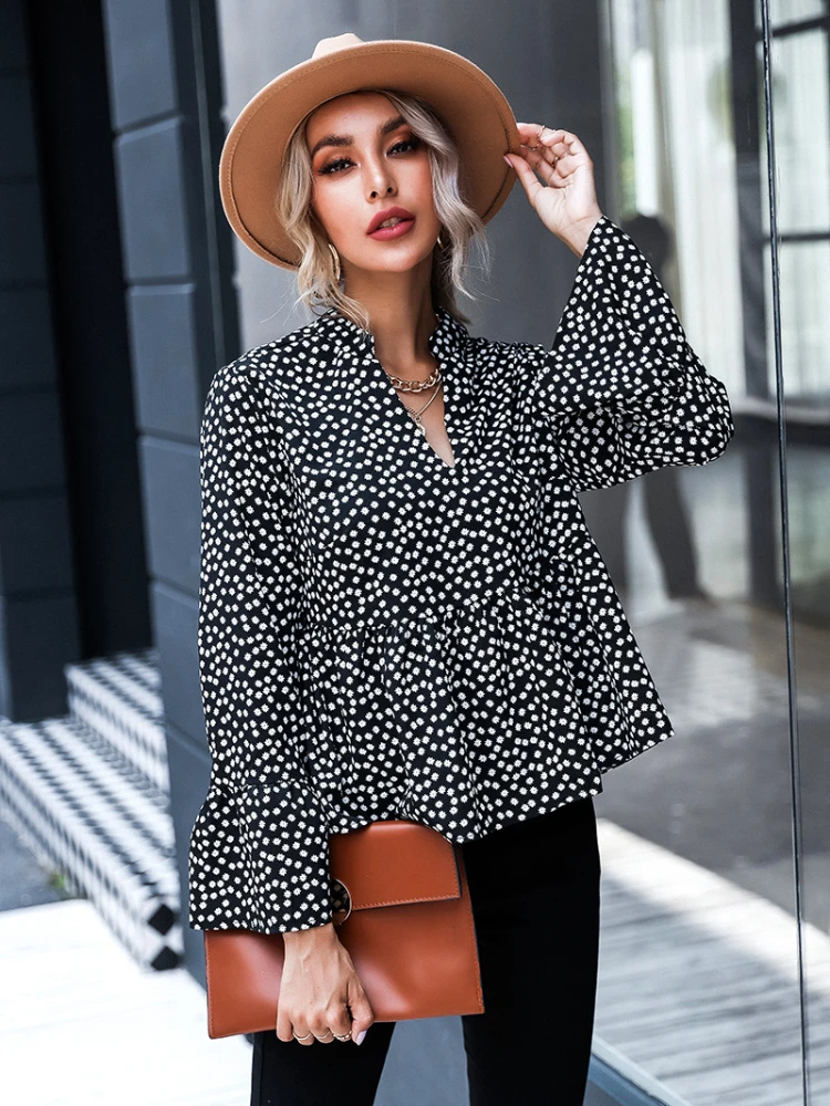

Summer Trendy Fashion Women's Shirt Flared Sleeve V-Neck Pullover Pleated Patchwork Slim Female Short Harajuku Polka Dot Blouse