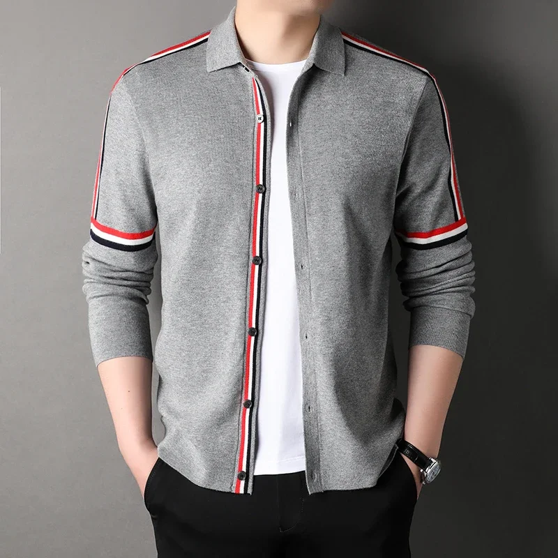 

New Cardigan Men Autumn Polo Neck TB Fashion Brand Thom Sweaters Long Sleeve Striped Cotton Wool Blend Casual Coat England Style