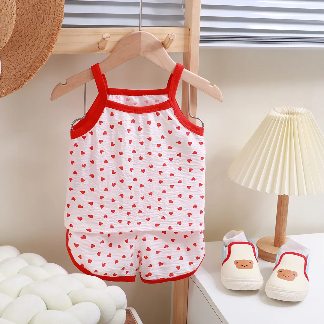 Summer Children Sling Shorts Set Fashion Flower Girls Kids Thin Breathable Pajamas Cute Cartoon Baby Toddler Home Clothes 4