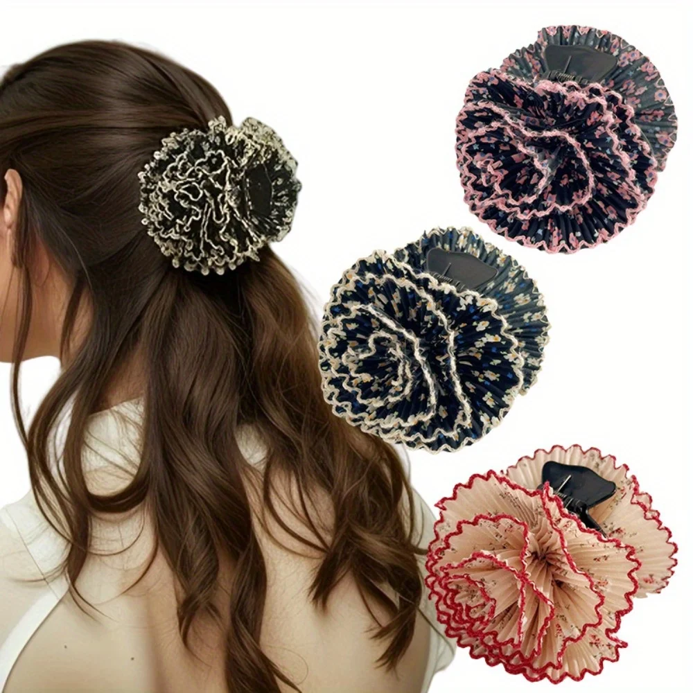 Vintage böhmische Stoff-Haarklammern, plissiert, Blumenmuster, große Krabbenkiefer-Haarklammer für Frauen und Mädchen, Haar-Styling-Zubehör