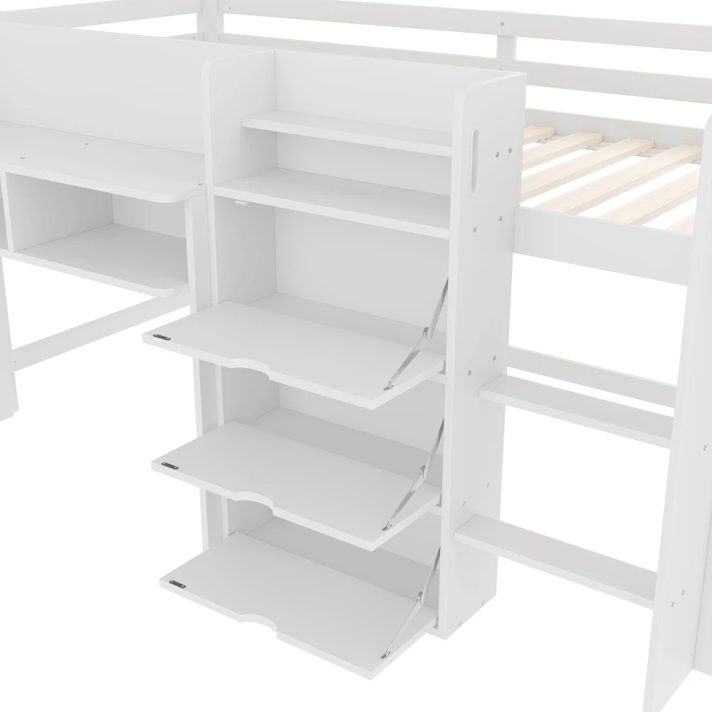 Halbhohes Bett, 90 x 200 cm, Hausform, mehrere Stauraumfächer, Unterhaltungsbereich unter dem Bett, ohne Matratze, weiß – Detail 17