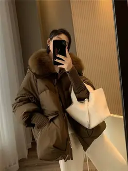 Winter New Fur Collar Puffer Down Parka Loose Down Warmer Thicken Snow Jacket Pocket Zipper Faux Fur Outerwear Female 1
