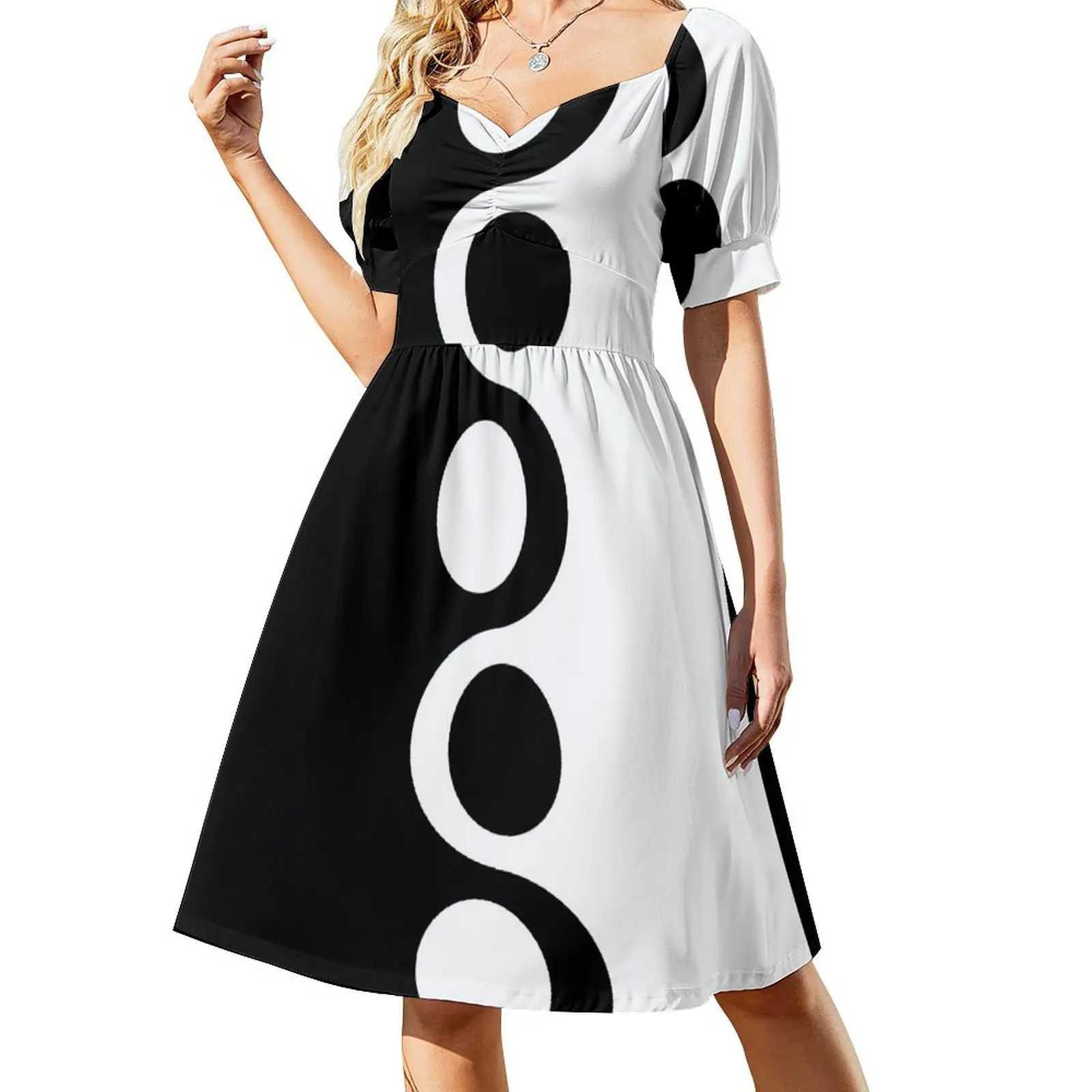thumbnail image 1 of Vestido de manga corta en blanco y negro, elegante, para mujer, tendencia de ropa de mujer , elegante, para cumpleaños, 1 of 7