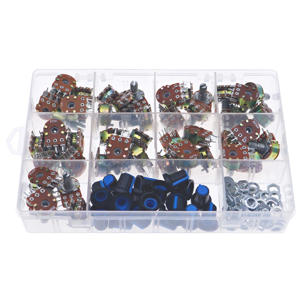 Wh148 Dual Gang Stereo 6pin Potentiometer kit 1k 5k 10k 20k 50k 100k 250k 500k 1M with knobs Single Shaft Nuts+BOX 45pcs