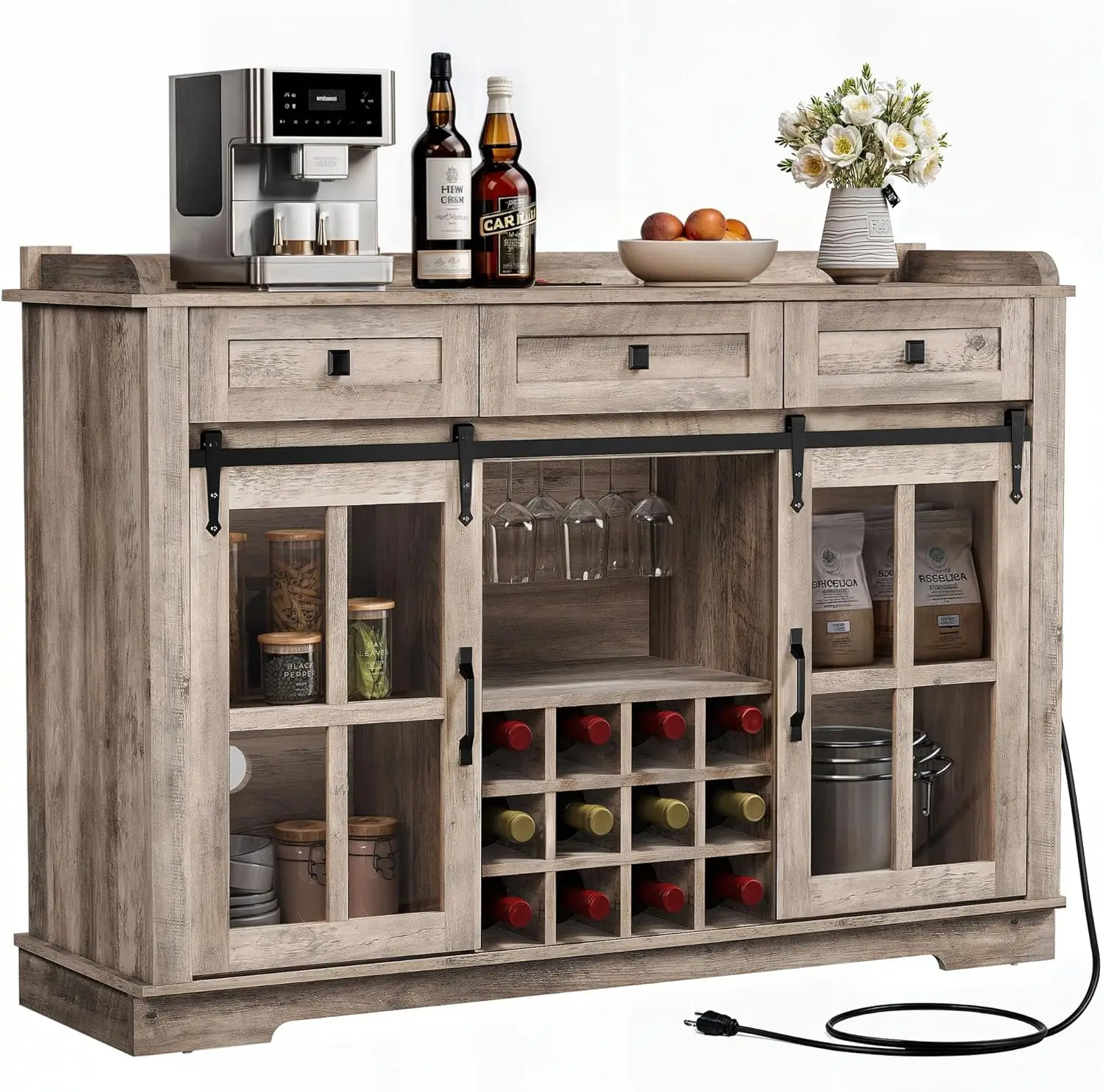 

DWVO Farmhouse Coffee Bar Cabinet with Sliding Door and Drawers, 53" Kitchen Sideboard Buffet Cabinet, Home Bar Cabinet