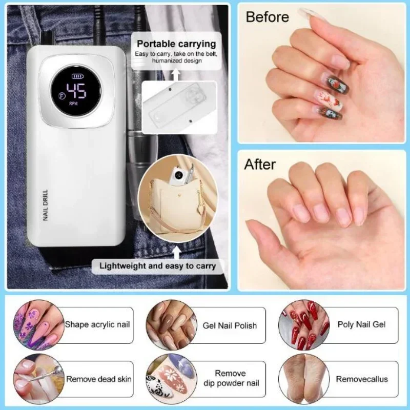 Electric Nail Drill Original 45000RPM Professional Rechargeable Electric Nail Drill Machine Portable Cordless Nail File for Acrylic Gel Nails Remove