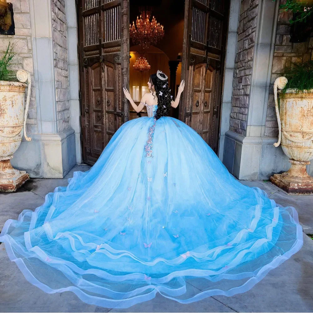 ANGELSBRIDEP Light Blue 3D Flowers Quinceanera Dresses Off The Shoulder Beading Appliques Mexican Girls Sweet 16 Prom Ball Gown