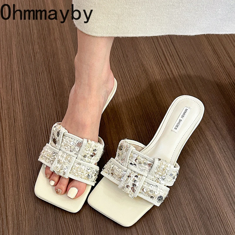 

Дизайнерские летние женские шлепанцы, модные шлепанцы с квадратным носком, без застежек, Уличная обувь, платье высокого размера