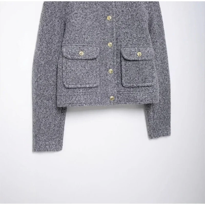 Elegant Woolen Blends Coat For Women O-neck Metal Button Gray Long Sleeve Pockets Jackets Autumn Lady High Street Outwear
