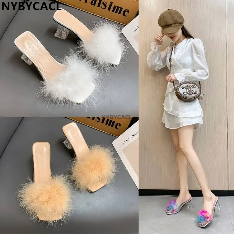 

Feather Slippers Transparent Strange High Heels For Women Fashion Clear PVC Square Open Toe Fur Sandals Heels Ladies Mules Slide