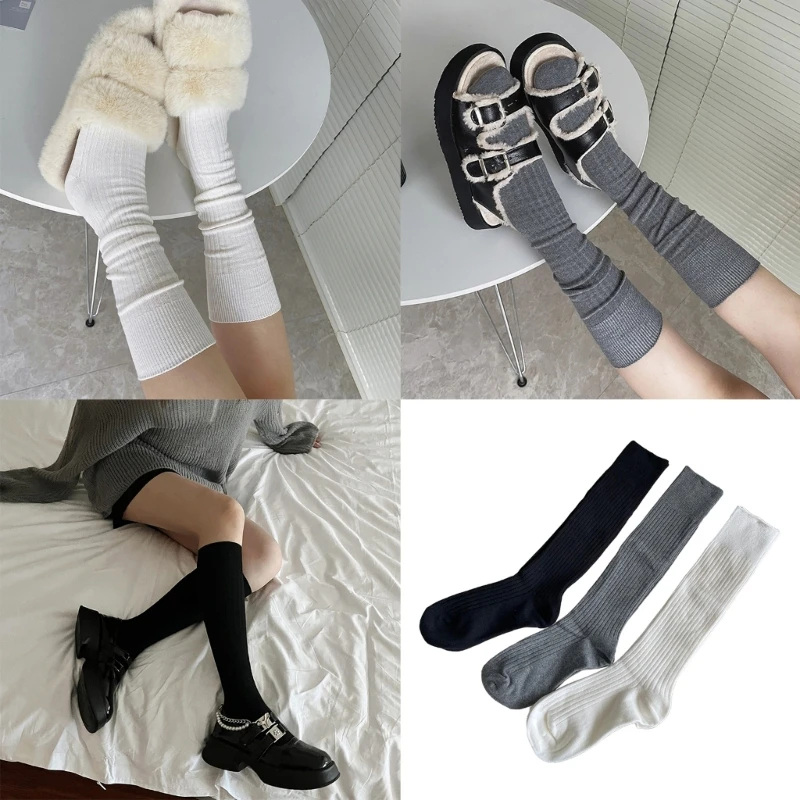 

Носки женские хлопковые в рубчик, повседневные эластичные однотонные носки до середины икры, в полоску, для студенток, в Корейском стиле