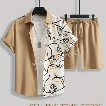 Summer Abstract Printing Beach Men 2 Piece Sets Quick Dry Hawaiian Shirt Shorts Suit Men‘s Solid color Vacation Clothing Outfits