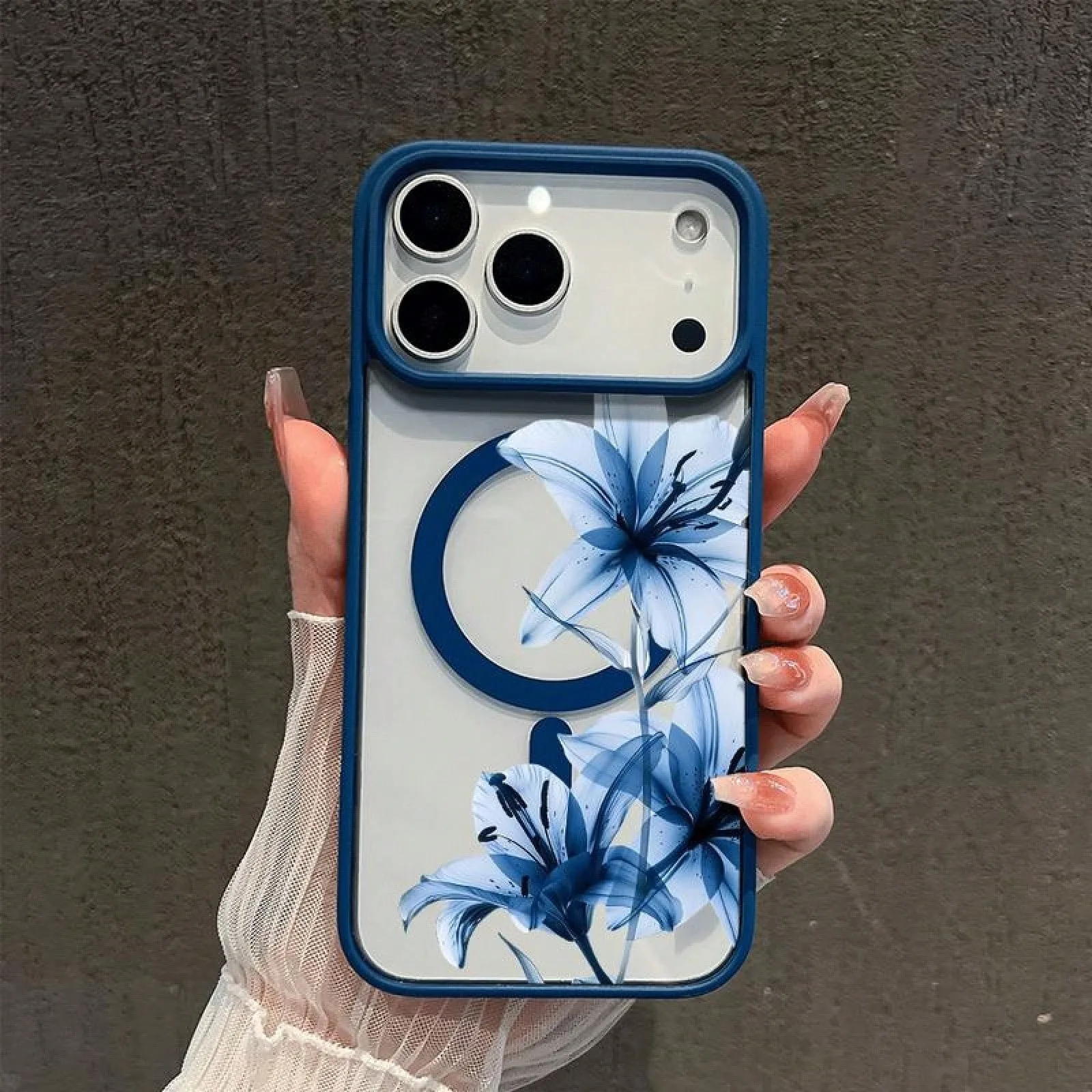 Blue Lily Whisper Transparent Magnetic Matte Phone Case with Large Hole Frame