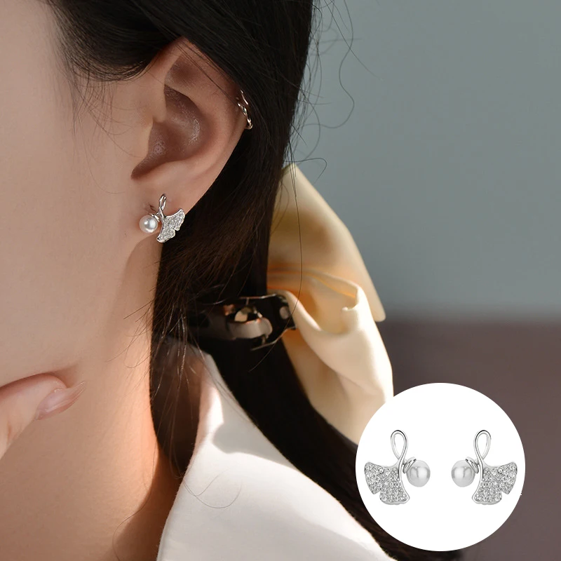 

100% 925 Sterling Silver Pearl Ginkgo Leaf Earrings for Women Girl Fashion Simple Design Jewelry Birthday Gift Dropshipping