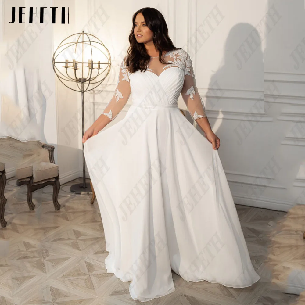 

JEHETH Elegant Wedding Dress Plus Size Woman Scoop 3/4 Sleeves Bride Gowns Chiffon A-Line Applique 2024 vestidos de novia