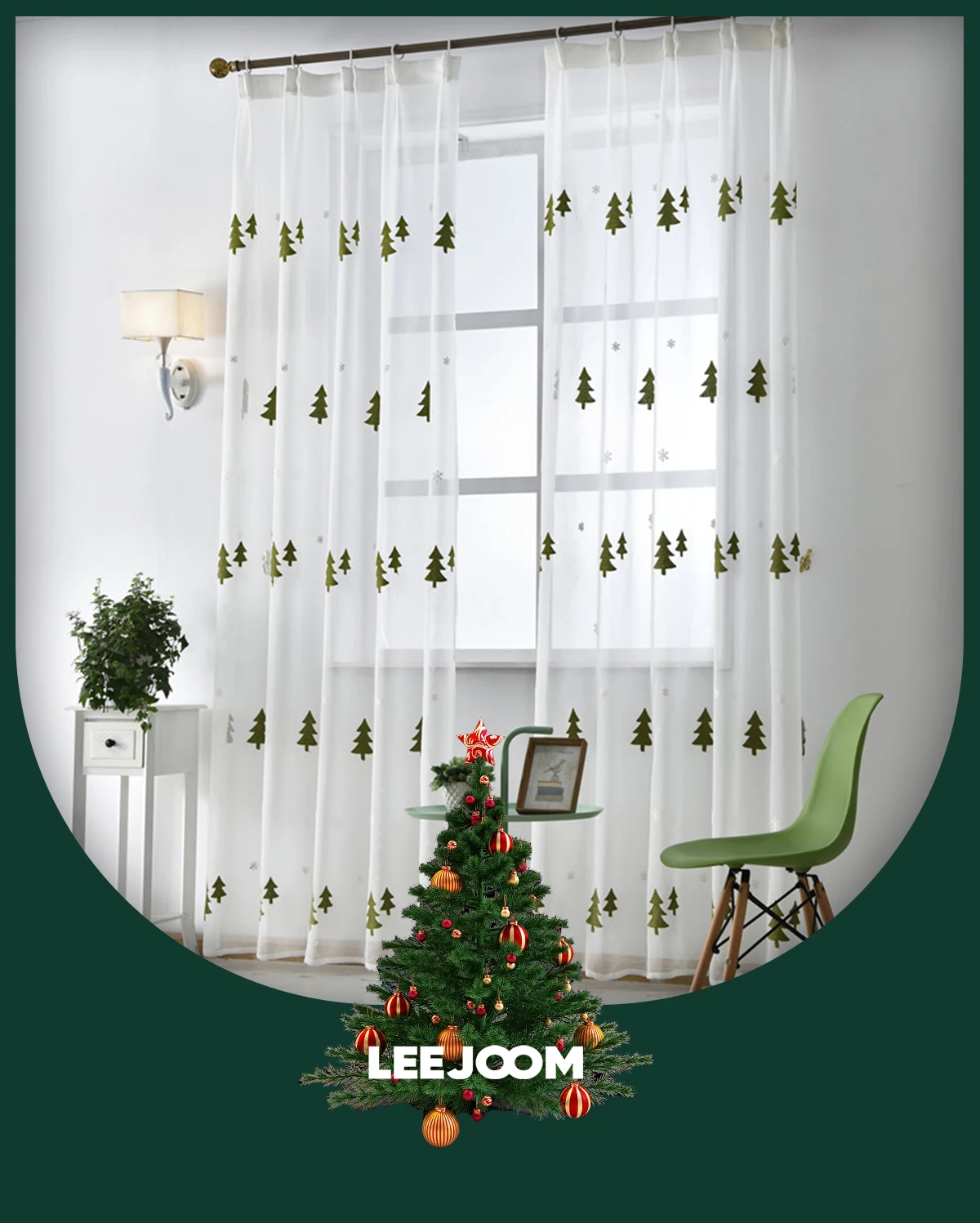 Description Picture 2 of itemChristmas Tree Curtain for Living Room Sheer Tulle Voile Drapes Embroidered Window Screen Christmas Decoration 1PC