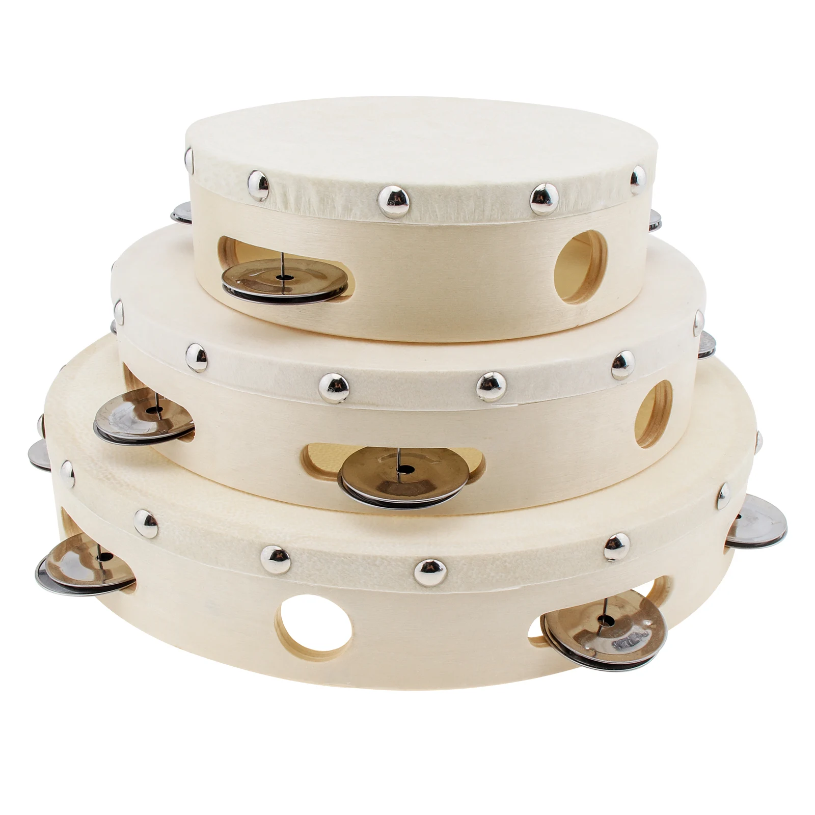 6 / 8 / 10 inch Wood Hand Held Tambourine Drum for Church Party KTV with Sheepskin Drumhead, Single Row Musical Instrument Tools