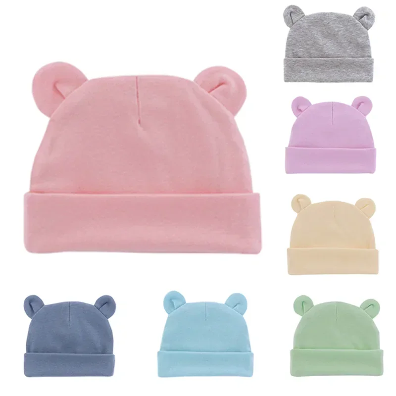 Autumn Winter Baby Hat Comfortable Solid Color Hats Cute Ear Shape Cotton Cap Newborn Photography Props 0 -1 Infant Bonnet