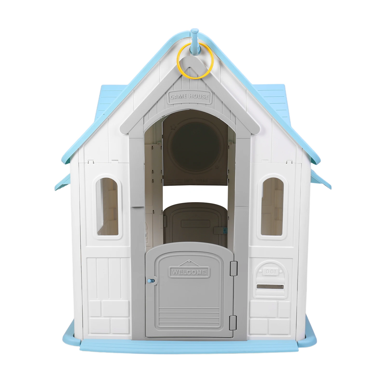 Kids Playhouse with Basketball Hoop Dartboard Garden Games Cottage (Light Blue)