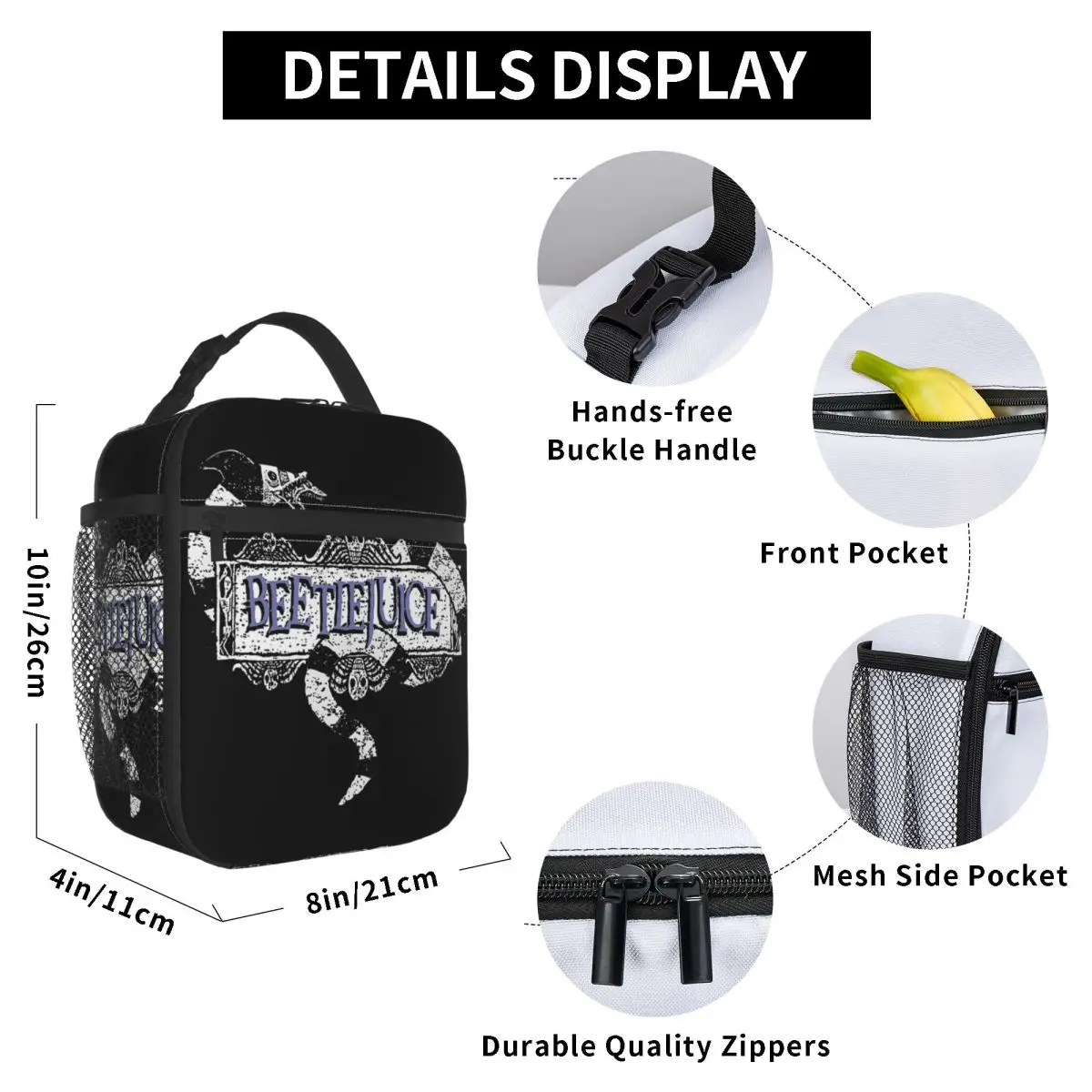 B-Beetlejuice Horror Movie Accessories Insulated Lunch Bag School Halloween Food Box Portable Casual Thermal Cooler Lunch Box
