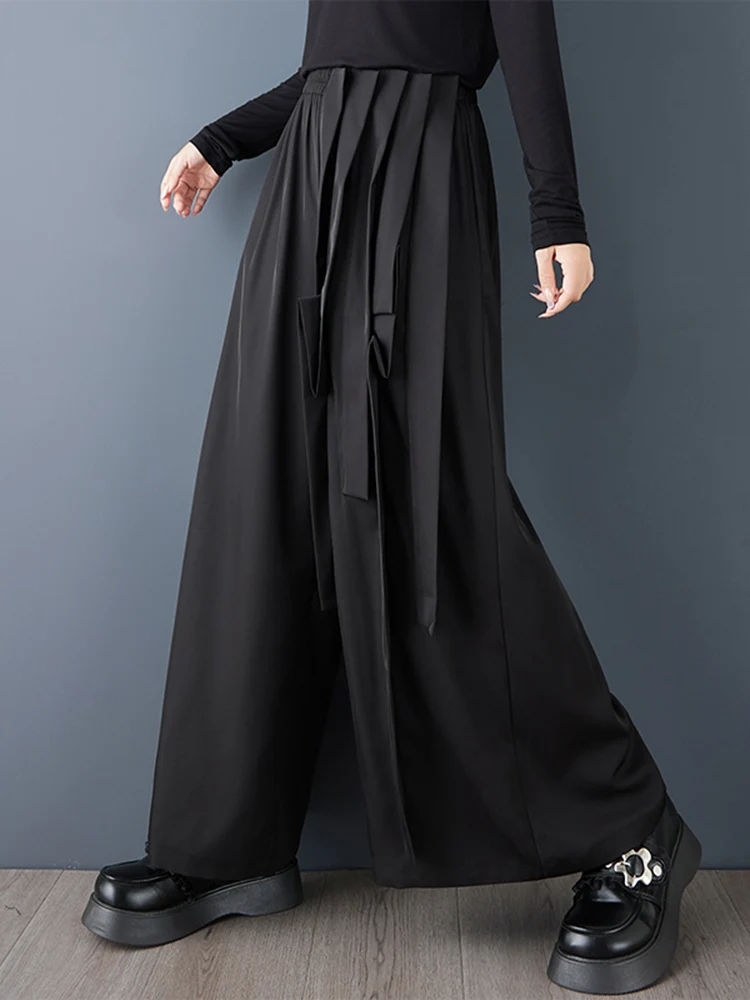 Black Vintage High Waist Casual Wide Leg Pants Women Spliced Ribbon Loose Ladies Trousers Fashion Streetwear Spring Autumn 2025