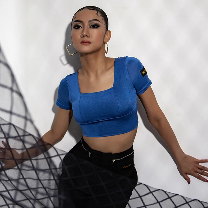 

Танцевальная одежда в современном стиле, женский костюм с квадратным вырезом и коротким рукавом, летний танцевальный костюм для латиноамериканских танцев, SL8424