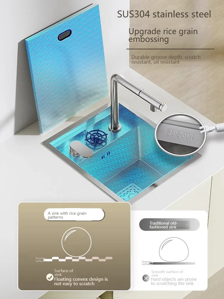 Bar Sink 304 Stainless Steel Silver Small Kitchen Sink Hidden Cup Washer Single Slot With Lid Balcony Garden