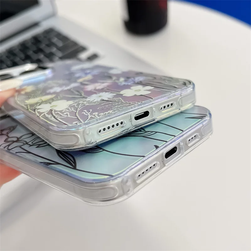 Coque de téléphone de luxe galvanisée à motif de fleur laser pour iPhone 16 15 14 13 Pro Max, coque arrière rigide antichoc en PC mat_voghion.com