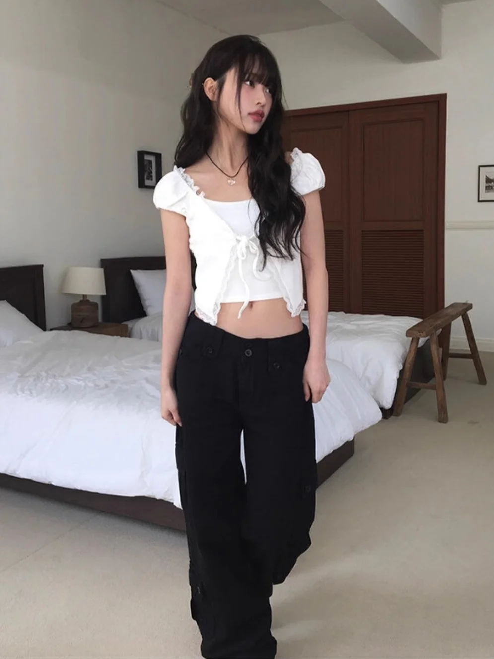 Unique SEI Korean Sle Summer Casual Loose Straight Leg Workwear Pants ort Top Hollow out Belt Slimming T-irt